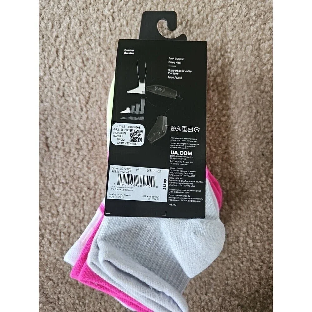 Under Armour Youth UA Essential Lite Quarter Socks Pink/Gray/White 6 Pair NEW